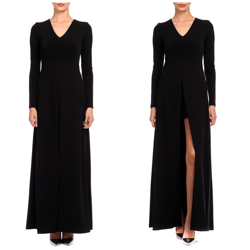 Alice + Olivia Cady Crepe V Neck Long Sleeve Maxi Vent Dress Black Size 0